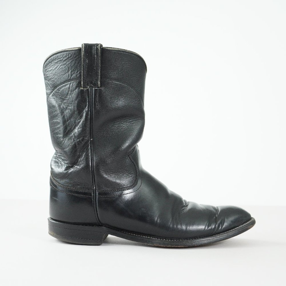 Justin Boots Leather Pull On Cowboy Casual Black Mens Size 9.5 D USA Made 3702